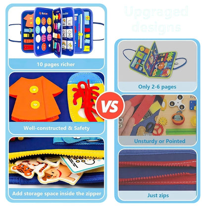 Essential Selects Montessori busy board comparison showing 12 interactive felt pages for toddler fine motor skills