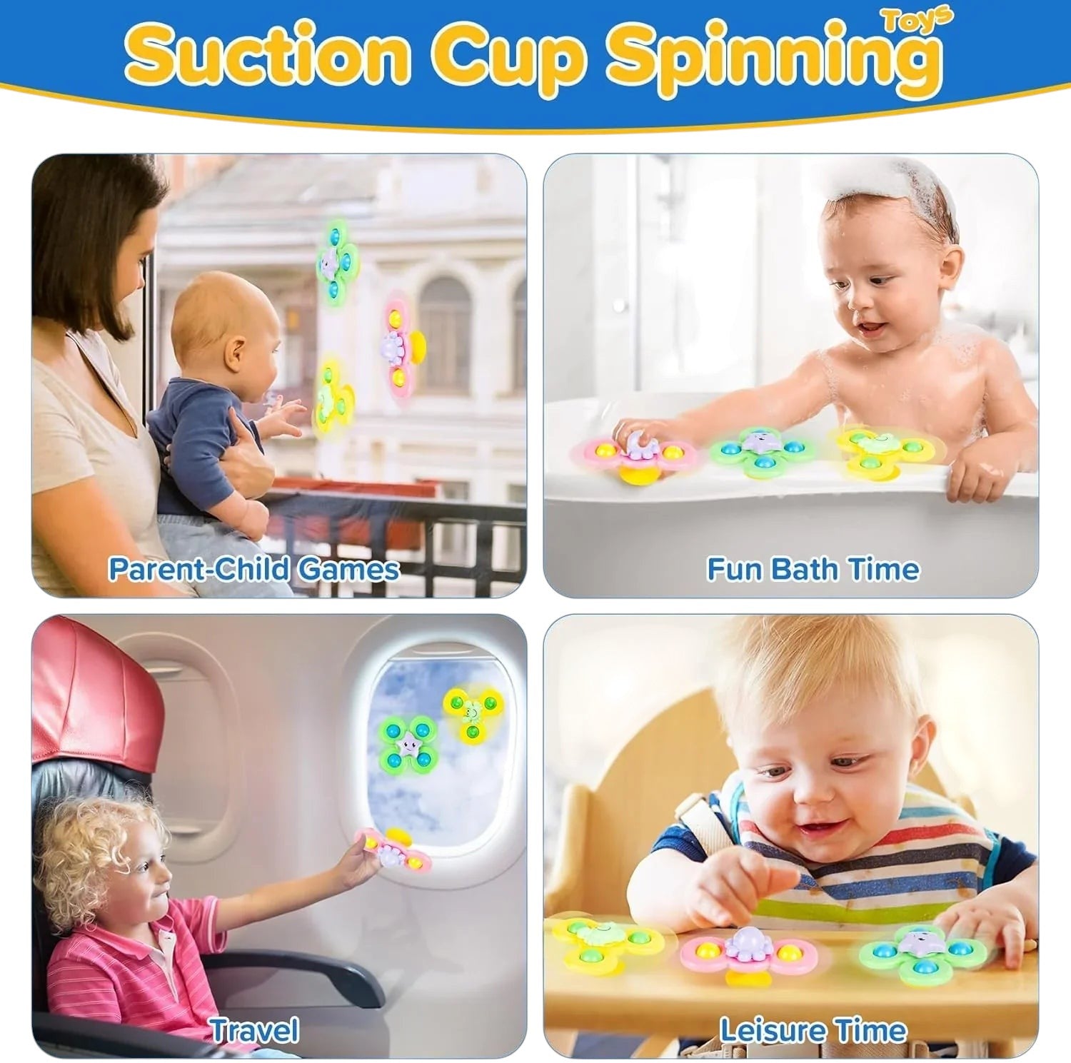 Essential Selects 6-in-1 Montessori baby toy set featuring colorful suction cup spinners used in bath and travel.