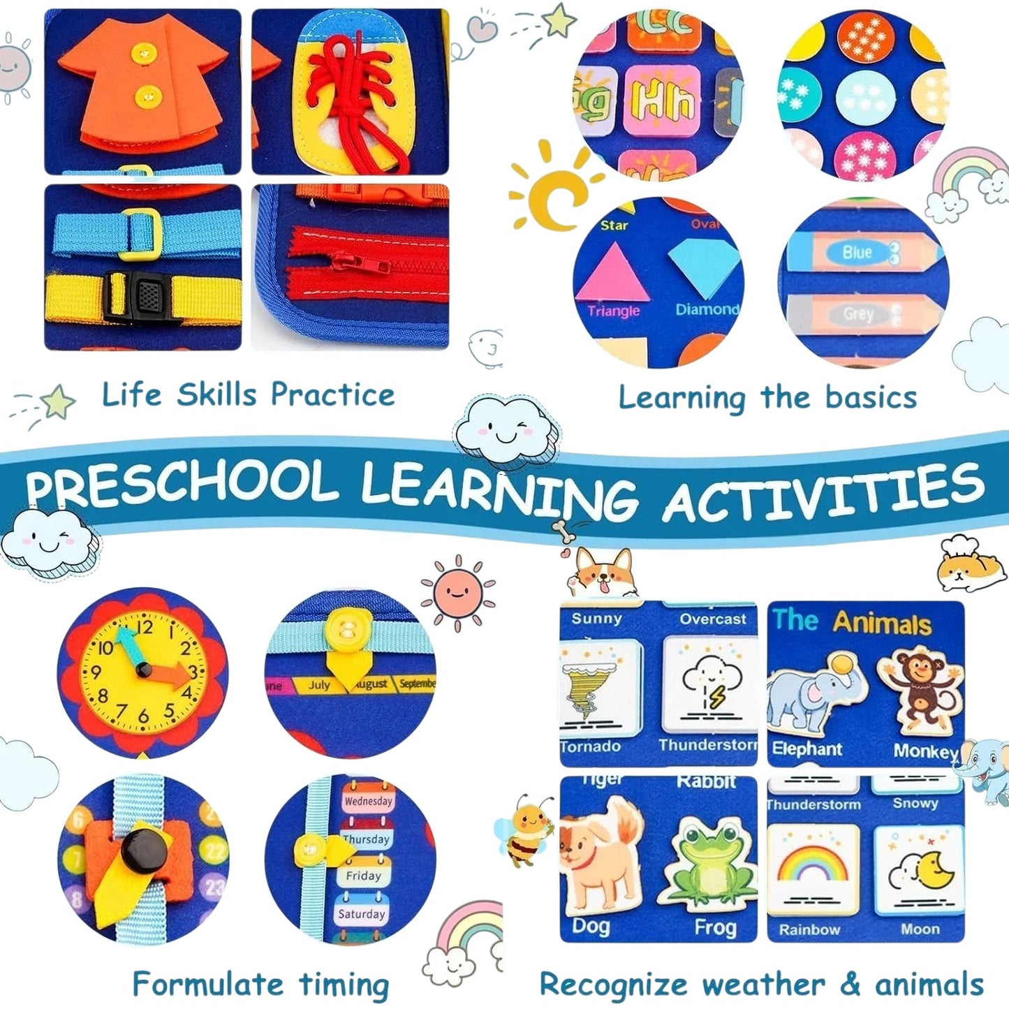Essential Selects Montessori busy board with felt pages for toddlers to practice life skills and preschool learning