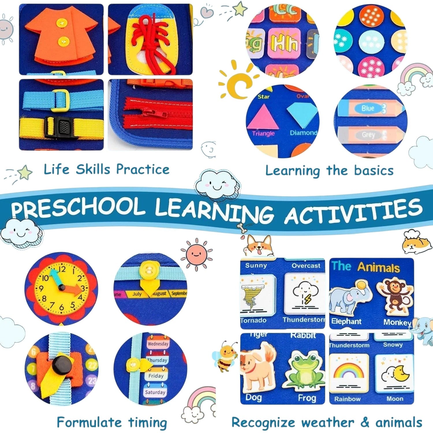 Essential Selects Montessori busy board with felt pages for toddlers to practice life skills and preschool learning