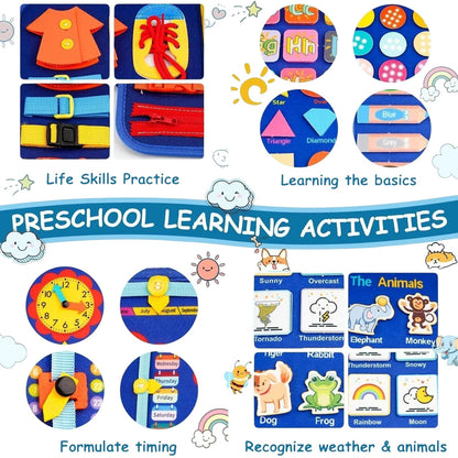 Essential Selects Montessori busy board with felt pages for toddlers to practice life skills and preschool learning