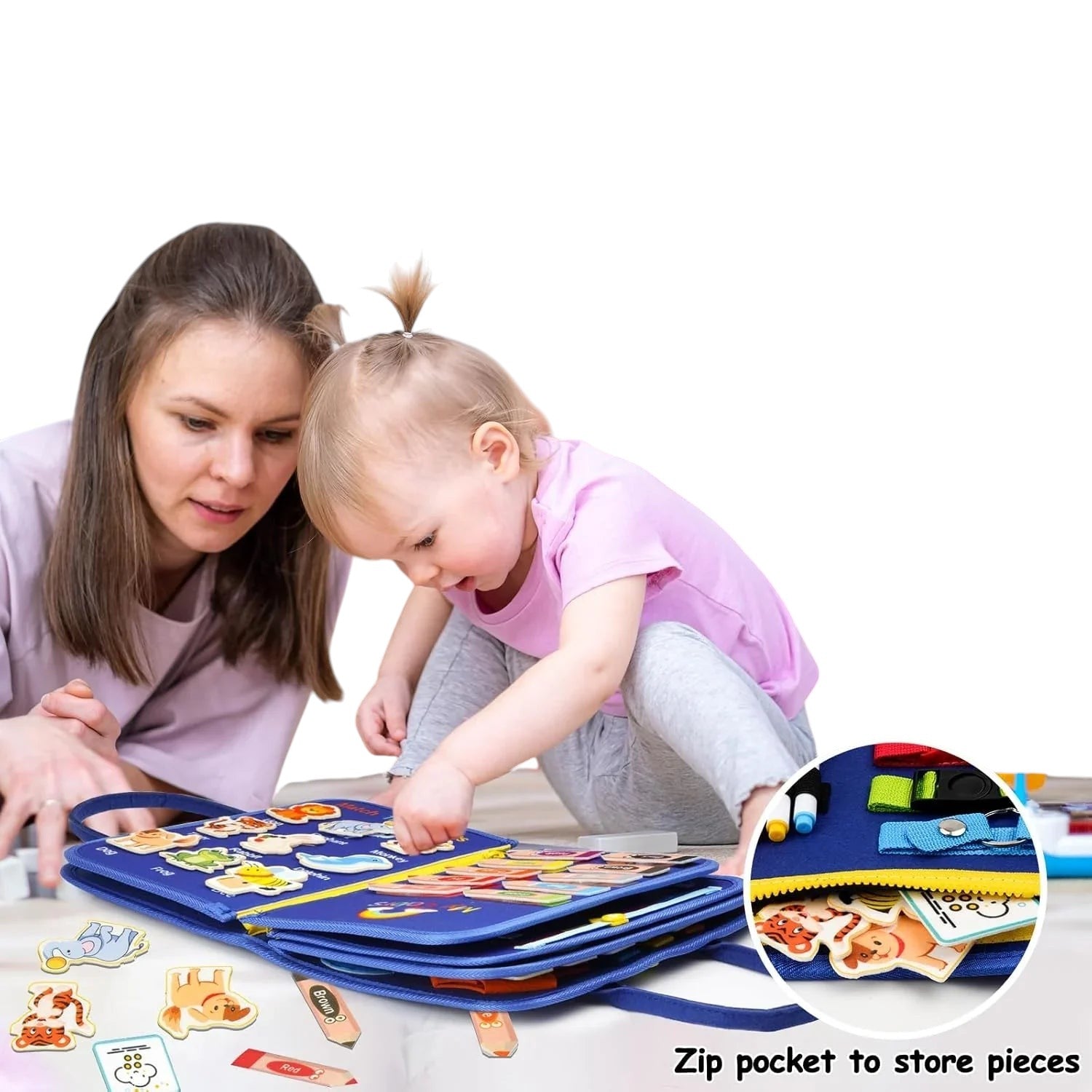 Essential Selects Montessori busy board with space theme, featuring a toddler playing with felt learning activities.