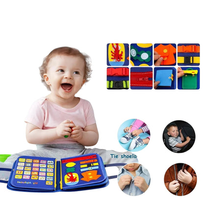 Essential Selects Montessori busy board with space theme, featuring felt activities for toddler fine motor skills.