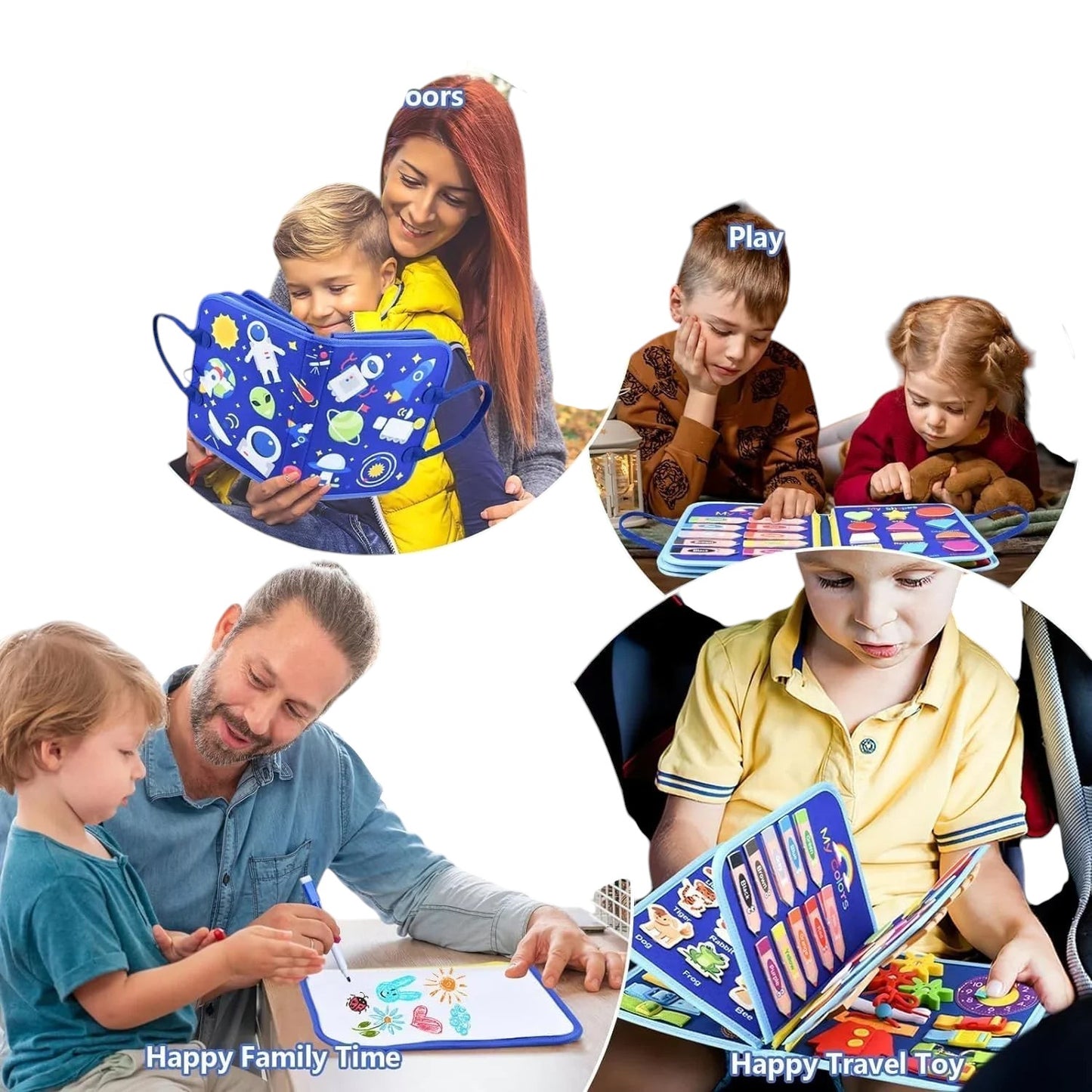 Essential Selects Montessori busy board with space-themed felt pages for toddler fine motor and cognitive development.