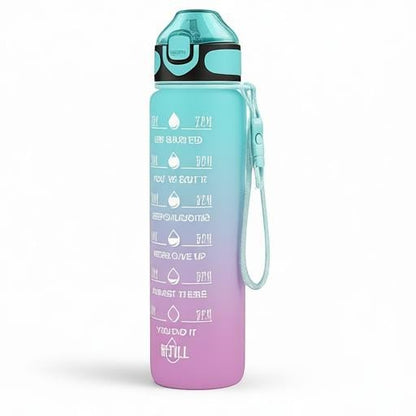 Essential Selects 32oz motivational water bottle in green and purple frosted finish with time markers and carry strap