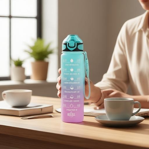Essential Selects 32oz motivational water bottle in green and purple gradient with time markers and carry strap on desk