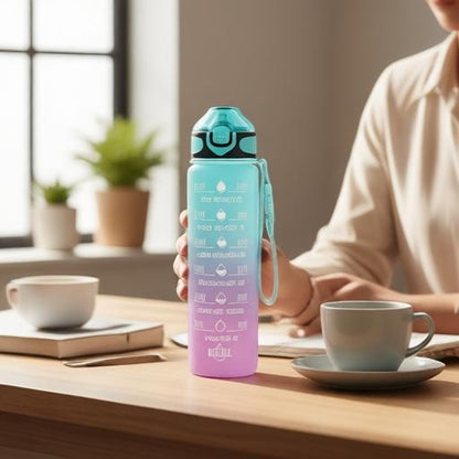 Essential Selects 32oz motivational water bottle in green and purple gradient with time markers and carry strap on desk