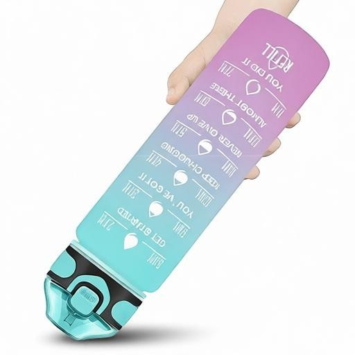 Essential Selects 32oz frosted green and purple motivational water bottle with time markers and a leak-proof flip lid.