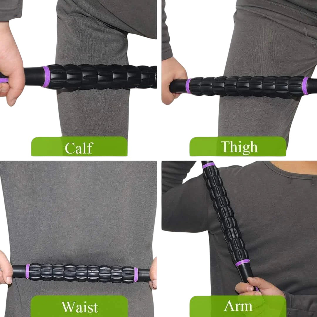 Essential Selects muscle massage roller stick demonstrating use on calf, thigh, waist, and arm for recovery.