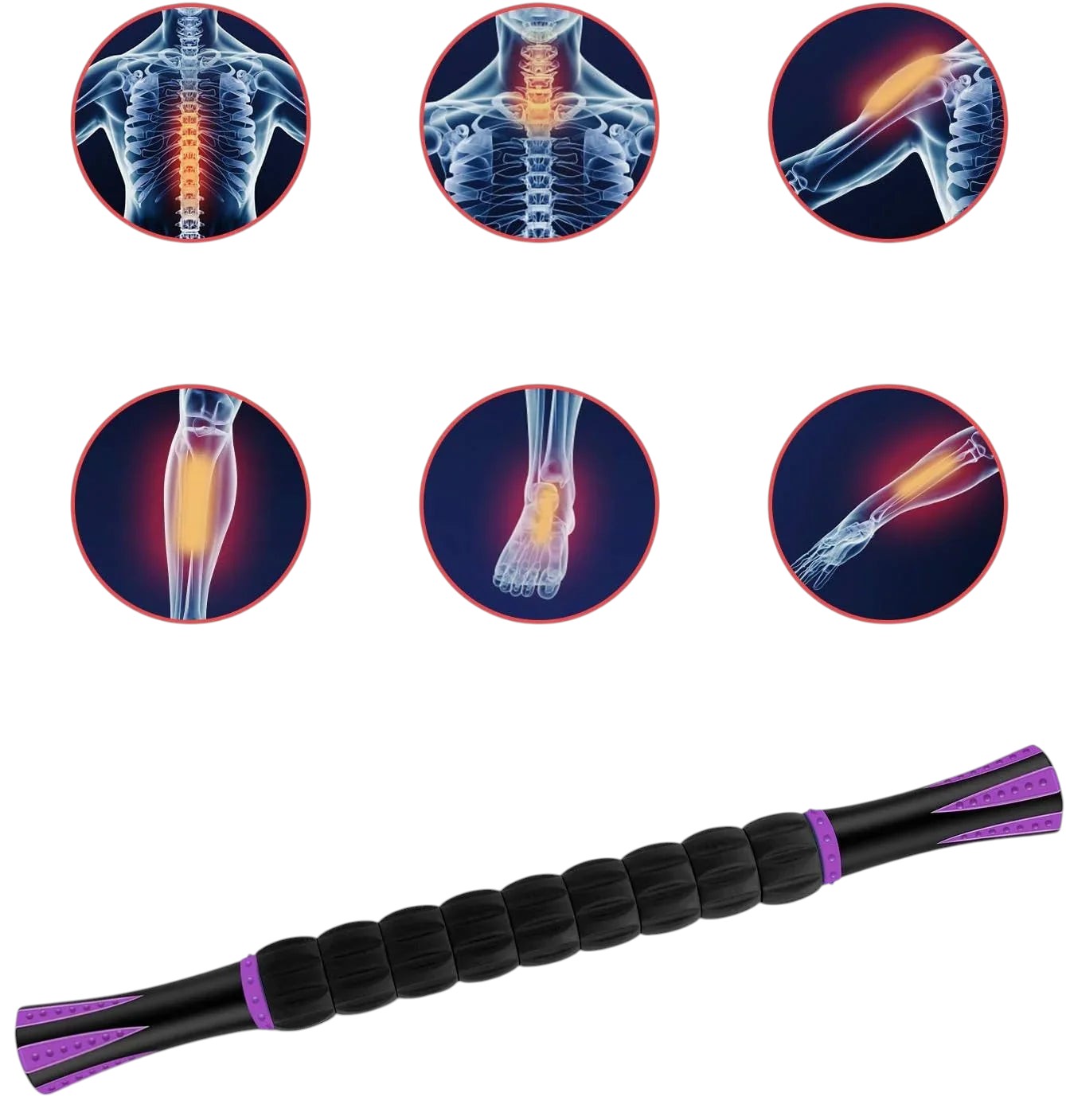 Essential Selects muscle massage roller stick showing targeted relief for neck, shoulders, legs, and feet.
