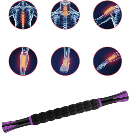Essential Selects muscle massage roller stick showing targeted relief for neck, shoulders, legs, and feet.