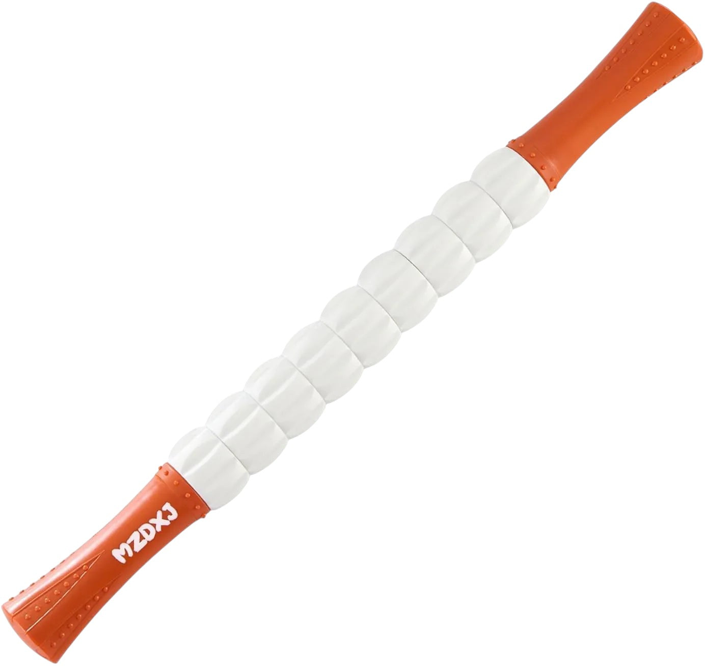 Essential Selects MZDXJ muscle massage roller stick with white textured rollers and orange ergonomic handles.