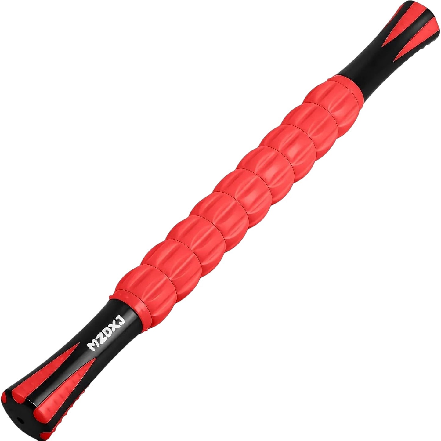 Essential Selects MZDXJ muscle massage roller stick with red textured rollers and black ergonomic handles for recovery.
