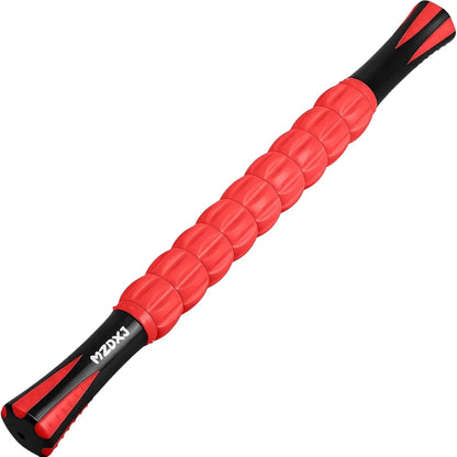 Essential Selects MZDXJ muscle massage roller stick with red textured rollers and black ergonomic handles for recovery.