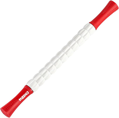 Essential Selects MZDXJ muscle massage roller stick with white textured rollers and ergonomic red handles for recovery