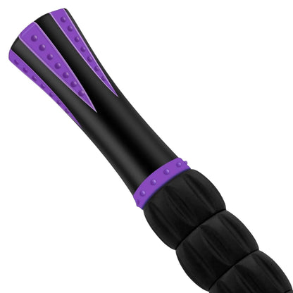 Essential Selects muscle massage roller stick with purple and black ergonomic handles and textured grip points.