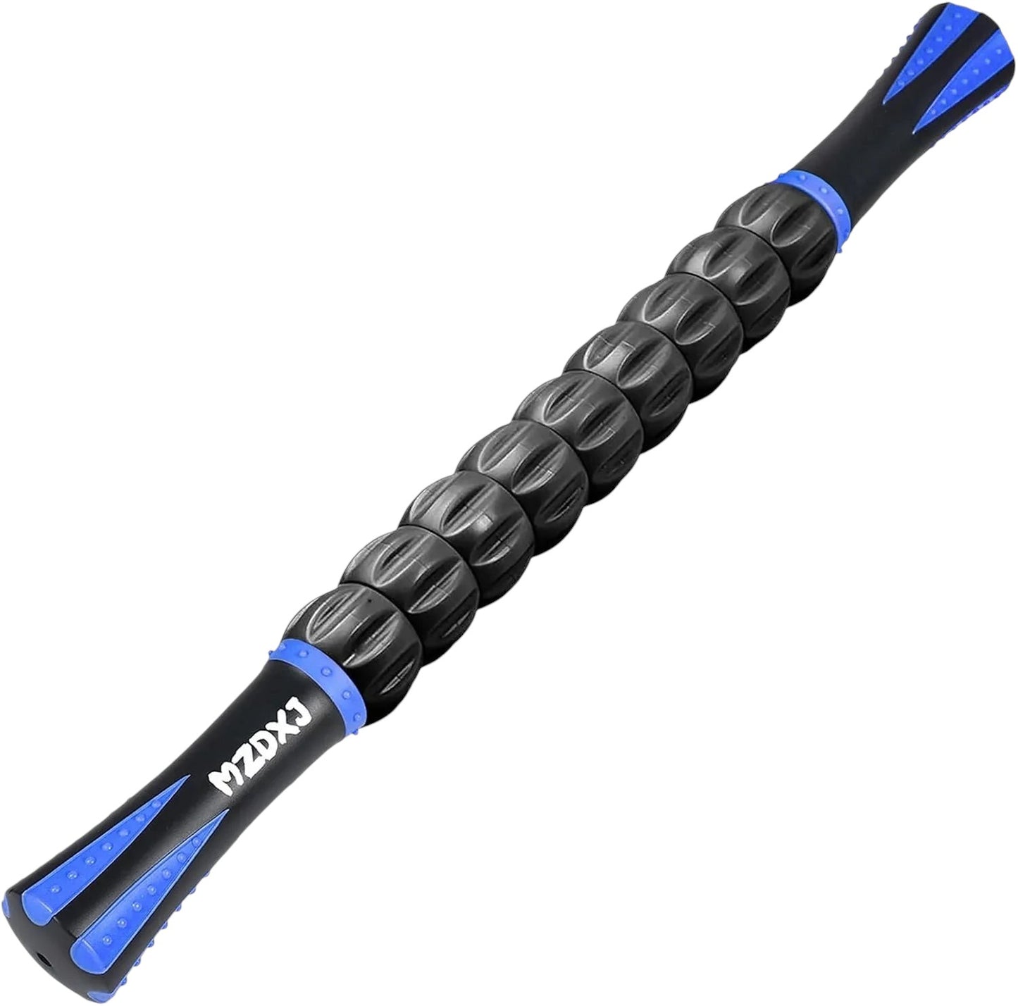 Essential Selects MZDXJ muscle massage roller stick with black textured rollers and blue ergonomic handles.
