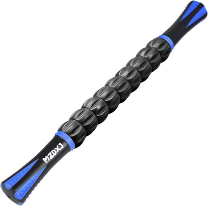 Essential Selects MZDXJ muscle massage roller stick with black textured rollers and blue ergonomic handles.