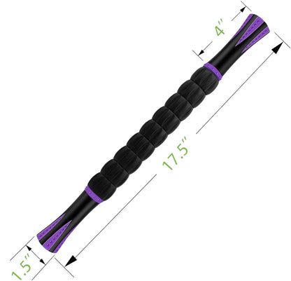 Essential Selects muscle massage roller stick with black textured rollers and purple accents, showing dimensions.