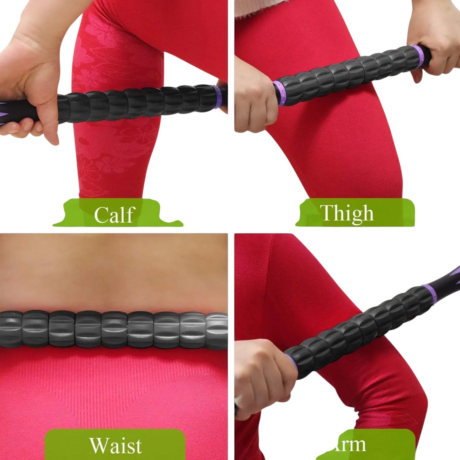 Essential Selects muscle massage roller stick demonstrating use on calf, thigh, waist, and arm for recovery.