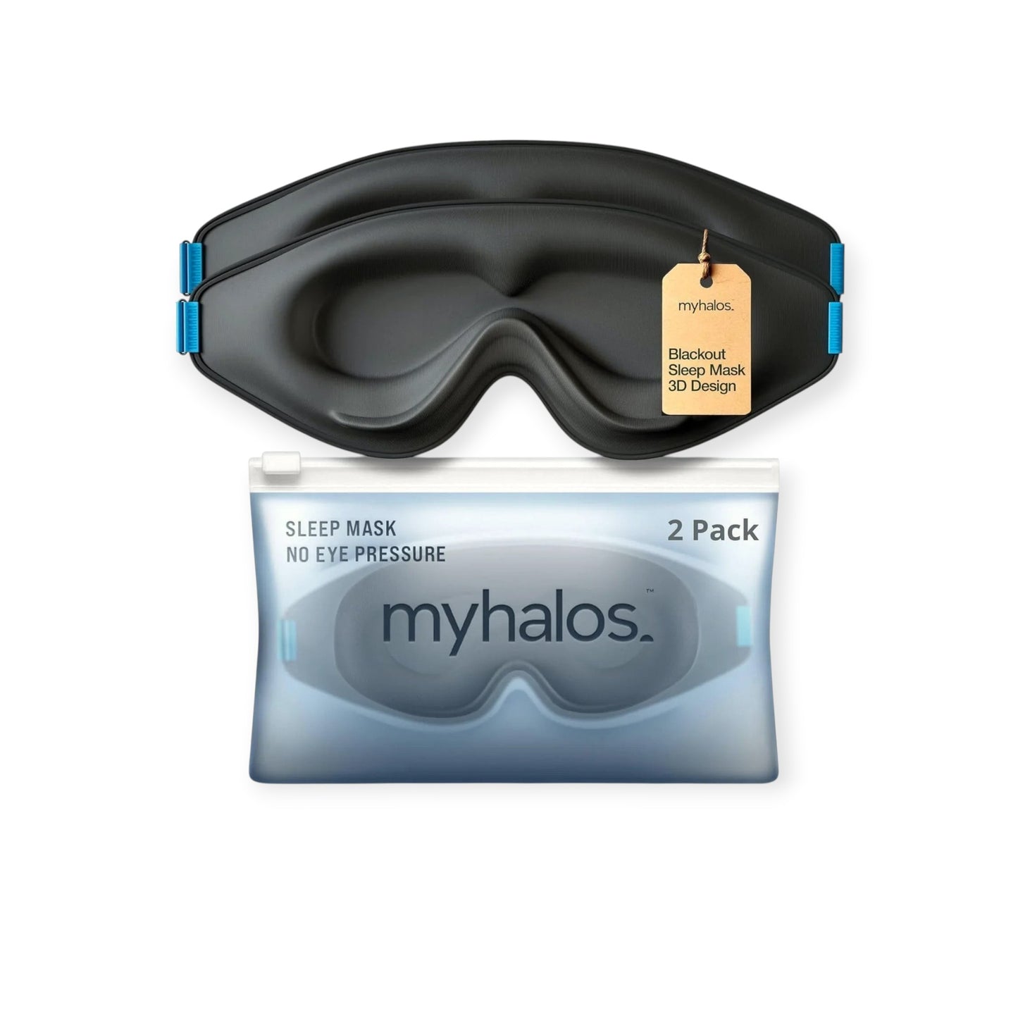 Essential Selects myhalos 3D contoured black sleep masks with blue strap details and a travel storage pouch.