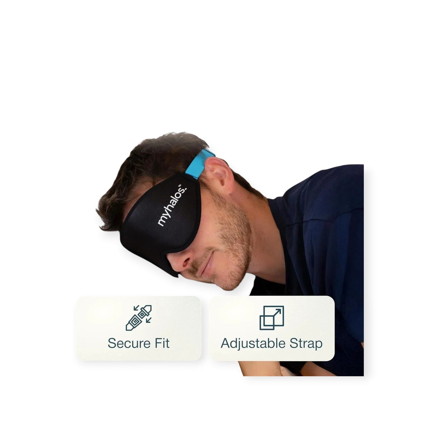 Essential Selects MyHalos 3D contoured black sleeping mask worn by a man resting on a white pillow for side sleepers