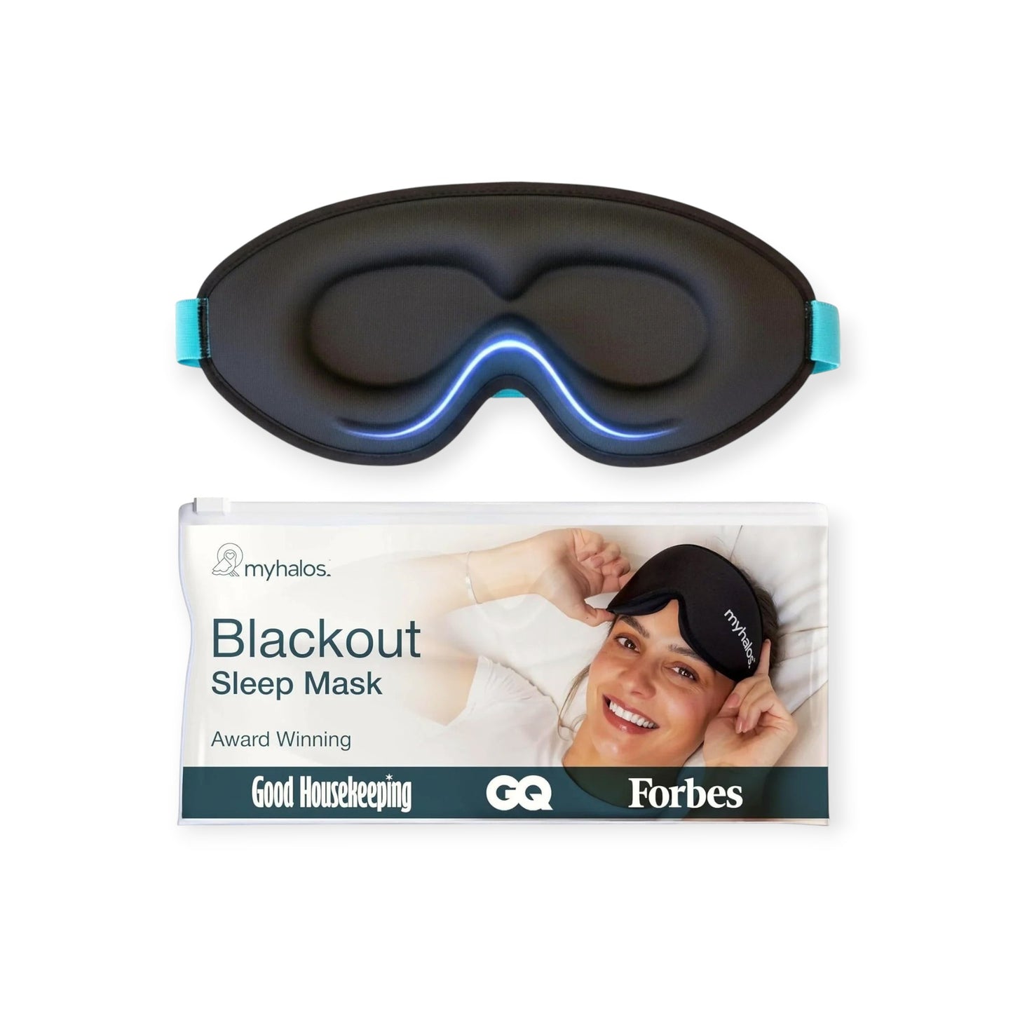 Essential Selects MyHalos 3D contoured black sleep mask with adjustable teal strap and protective travel pouch
