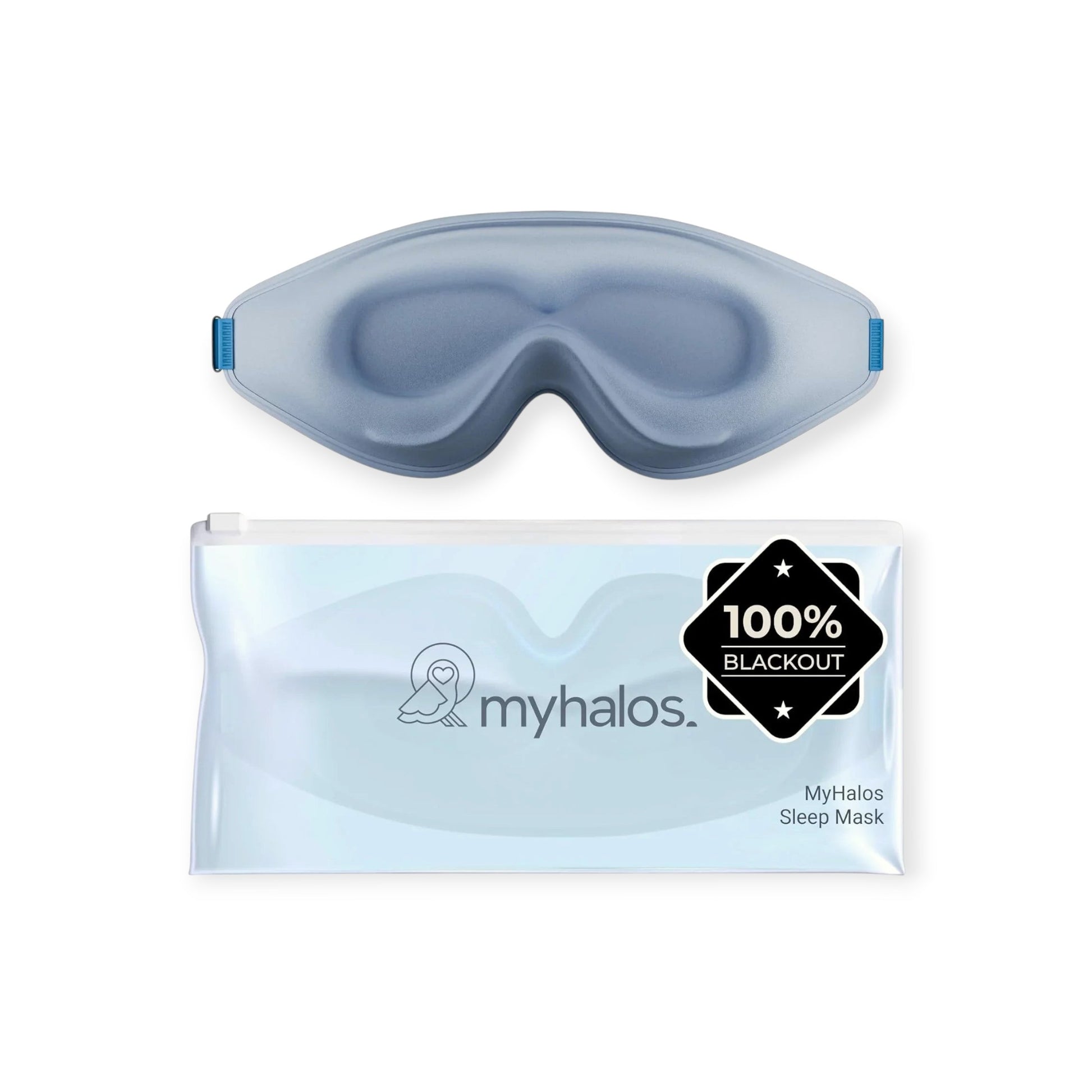 Essential Selects MyHalos 3D contoured blackout sleep mask in light blue with a matching travel pouch.