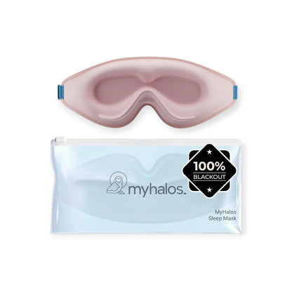 Essential Selects MyHalos 3D contoured pink sleep mask with travel pouch for complete blackout comfort.