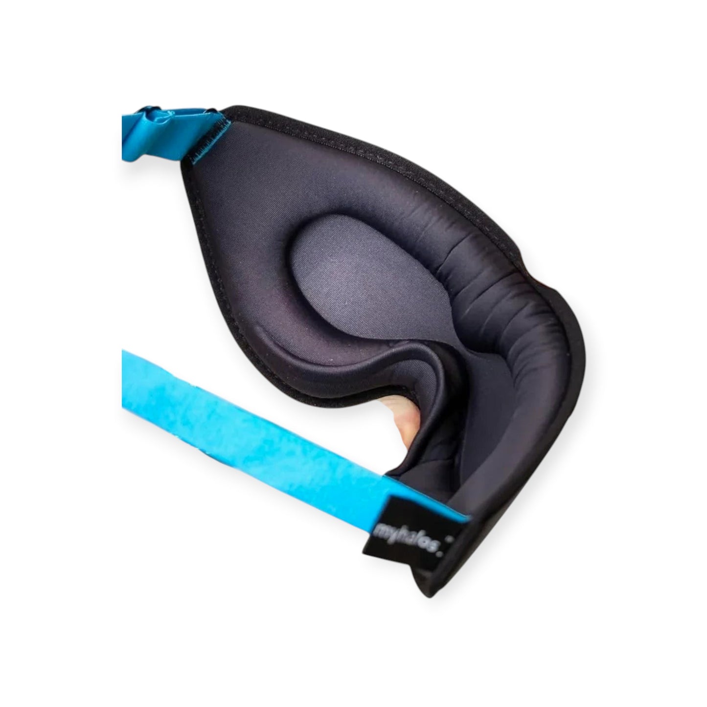 Essential Selects MyHalos 3D contoured black sleep mask with blue adjustable strap and soft memory foam padding