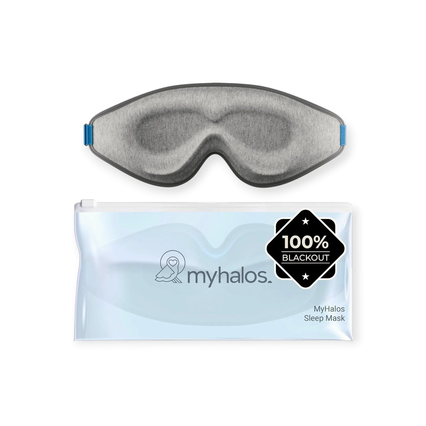 Essential Selects MyHalos 3D contoured grey blackout sleep mask with adjustable strap and protective travel pouch.
