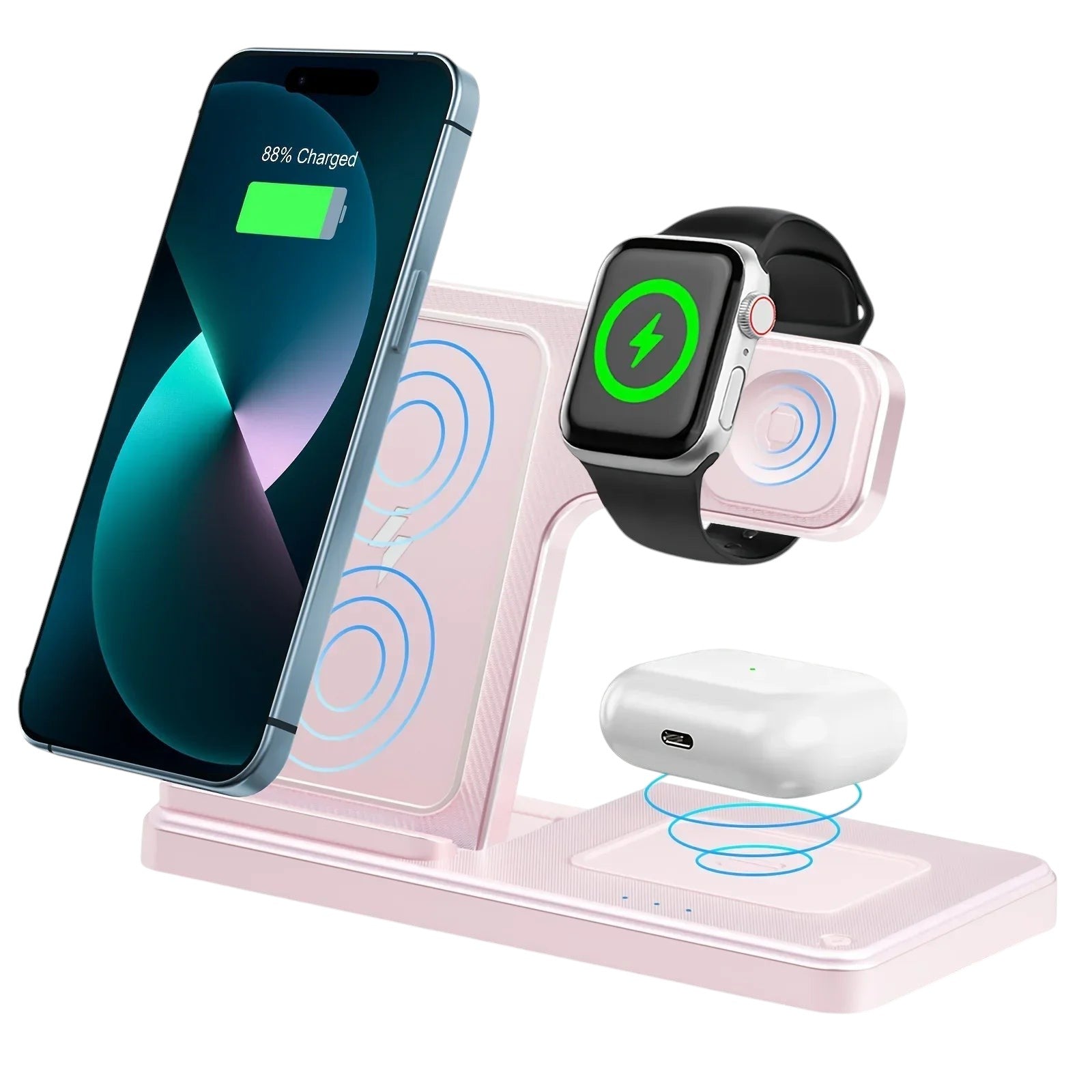 Essential Selects pink 3-in-1 magnetic wireless charging stand for iPhone, Apple Watch, and AirPods Pro