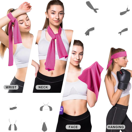 Essential Selects pink cooling towel shown on a model as a wrist wrap, neck wrap, face cloth, and headband for sports.
