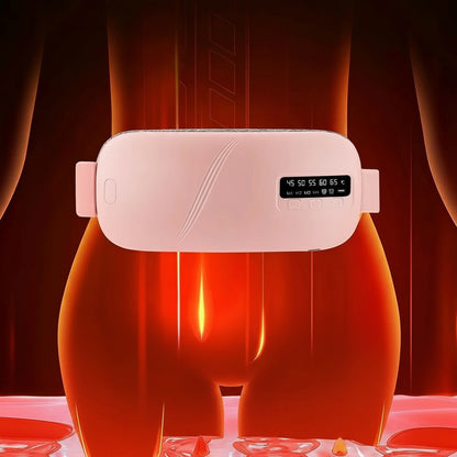 Essential Selects pink rechargeable menstrual heating pad and waist massager with digital display worn on abdomen
