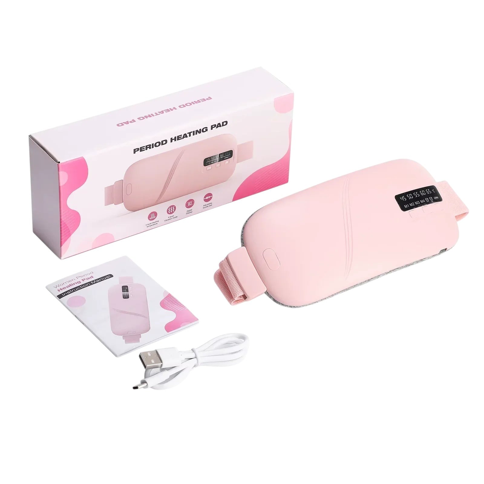 Essential Selects pink rechargeable menstrual heating pad and waist massager with digital display and charging cable