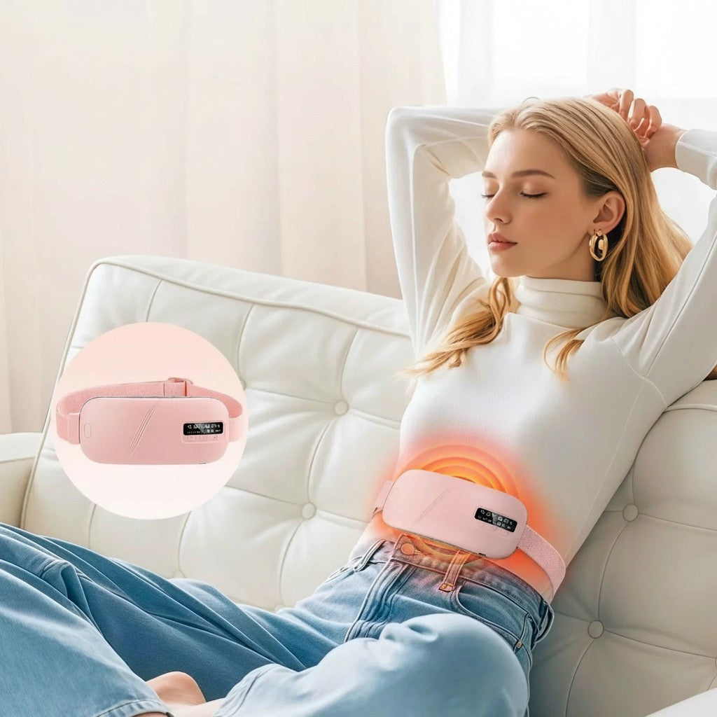 Essential Selects pink cordless menstrual heating pad and waist massager worn by a woman relaxing on a white sofa.