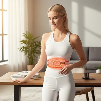 Essential Selects pink rechargeable menstrual heating pad and waist massager worn by a woman in white activewear