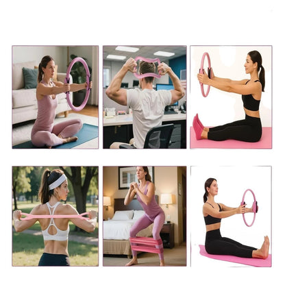 Essential Selects 18-piece pink yoga and pilates ring set shown in various home and office workout scenarios