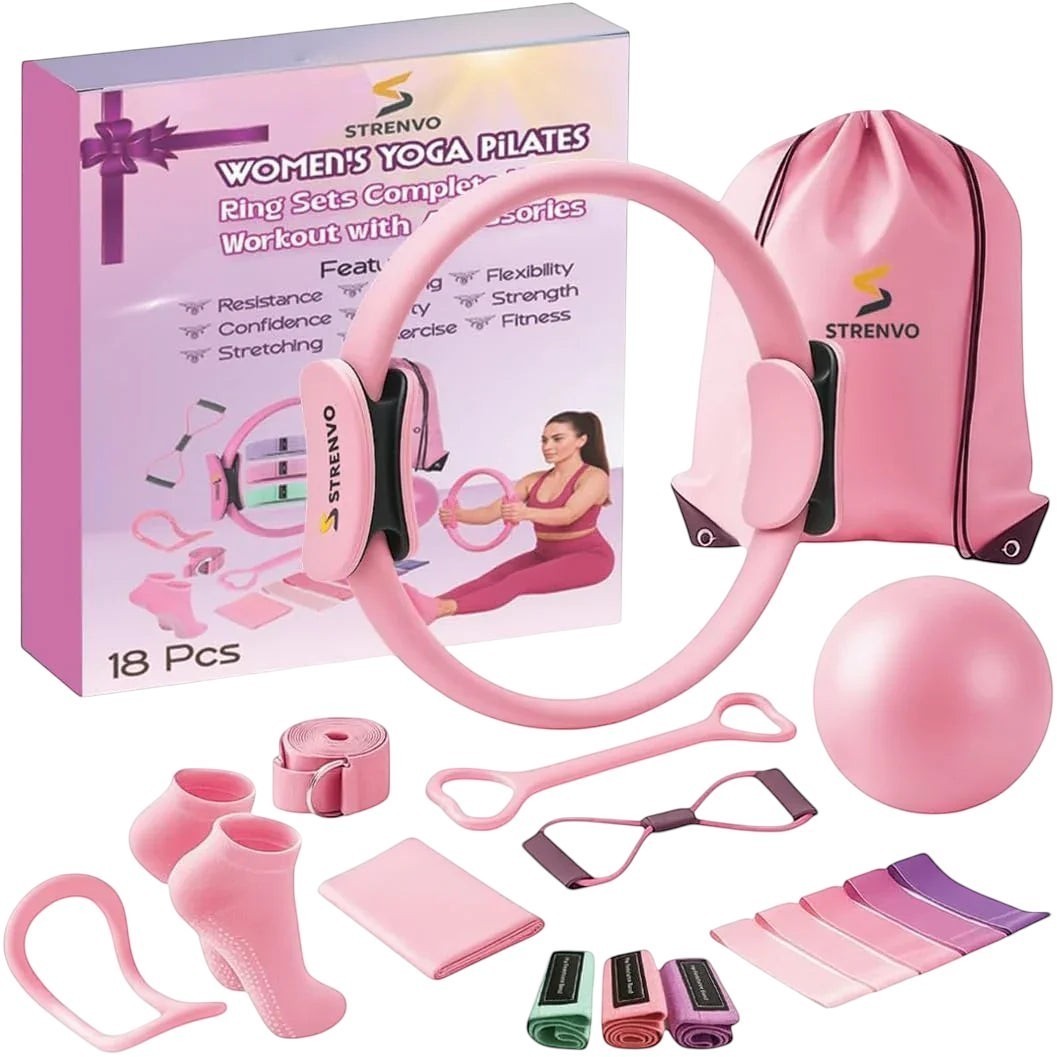 Essential Selects 18-piece pink yoga and Pilates ring set with resistance bands, yoga ball, and carry bag.