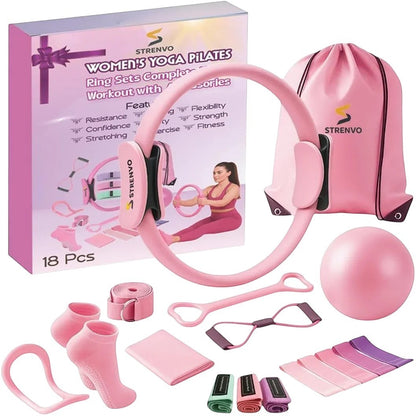 Essential Selects 18-piece pink yoga and Pilates ring set with resistance bands, yoga ball, and carry bag.