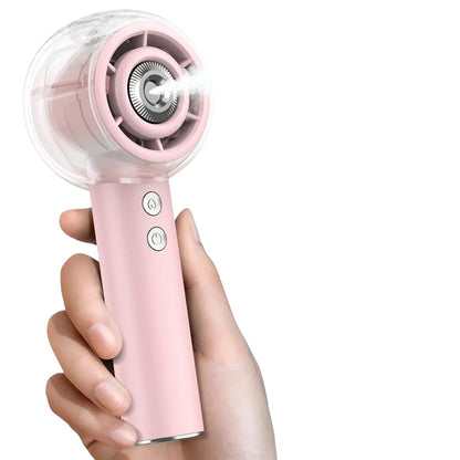 Essential Selects handheld pink misting fan with 6000mAh rechargeable battery and adjustable speed settings