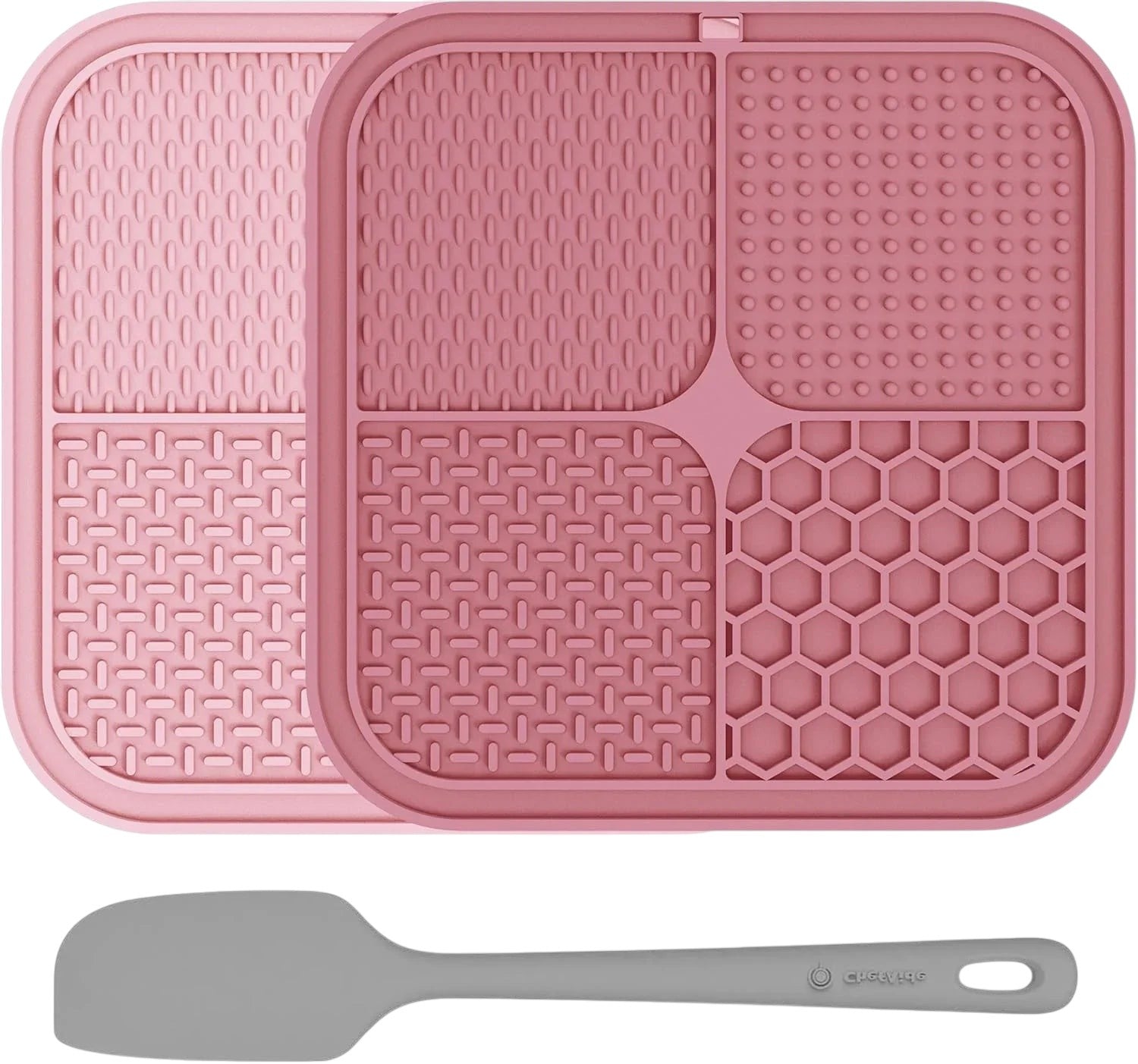 Essential Selects 2-pack pink silicone lick mats for dogs and cats with textured surfaces and a matching spatula