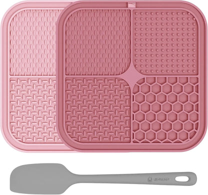 Essential Selects 2-pack pink silicone lick mats for dogs and cats with textured surfaces and a matching spatula