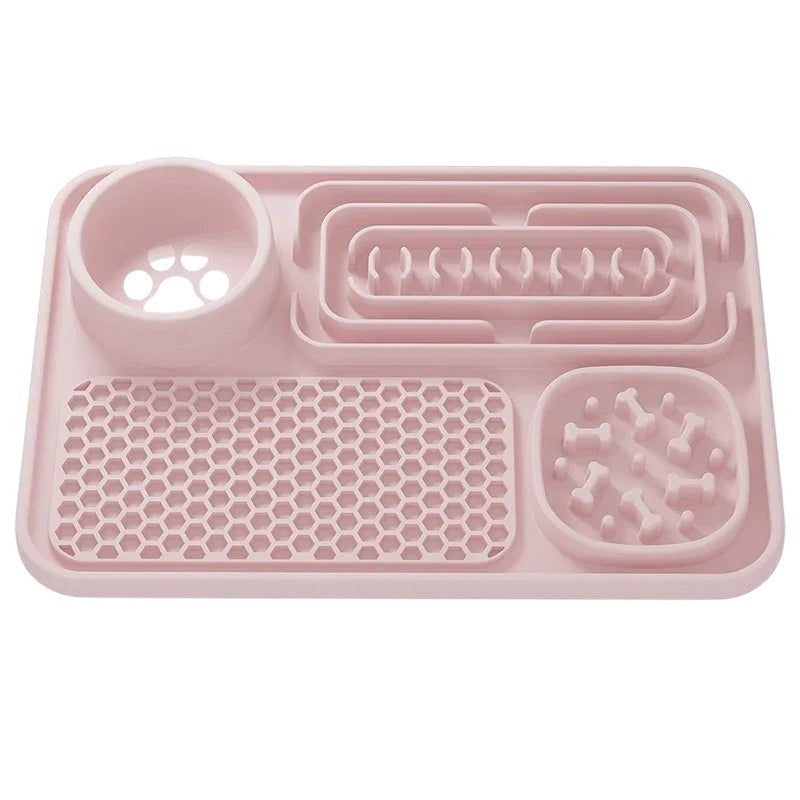 Essential Selects pink silicone slow feeder mat for dogs with textured compartments for healthier eating habits