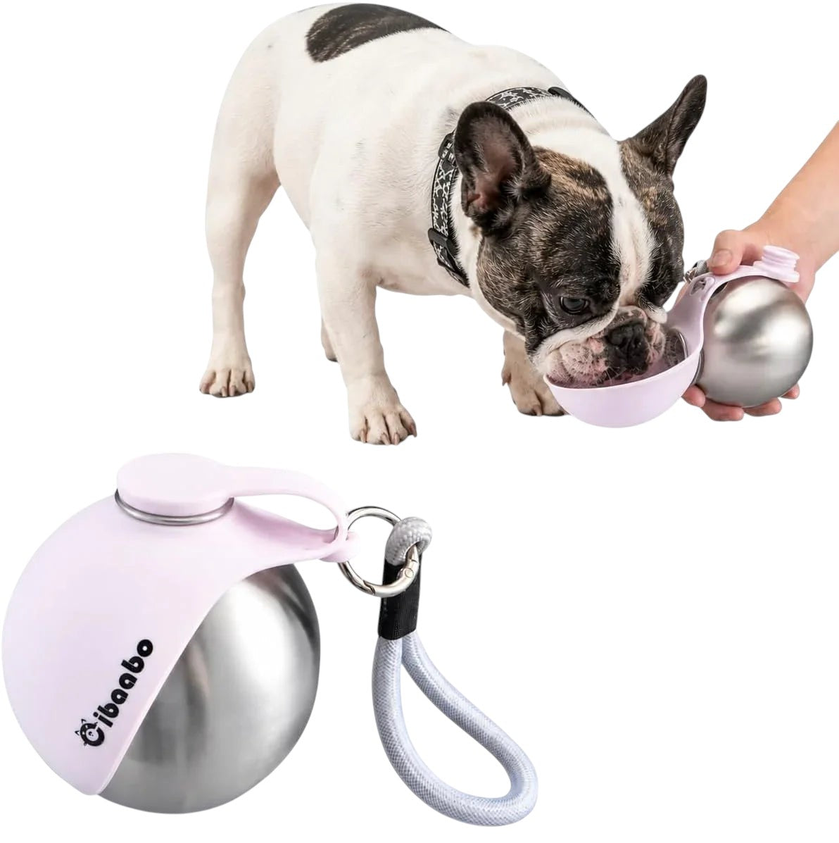 Essential Selects light pink stainless steel dog water bottle with a collapsible silicone bowl for small pets