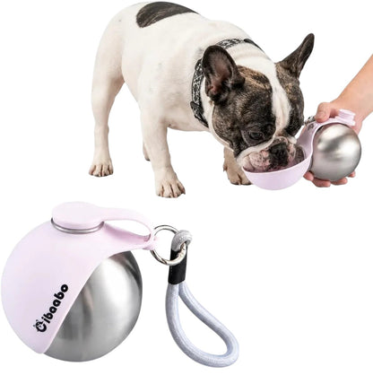 Essential Selects light pink stainless steel dog water bottle with a collapsible silicone bowl for small pets