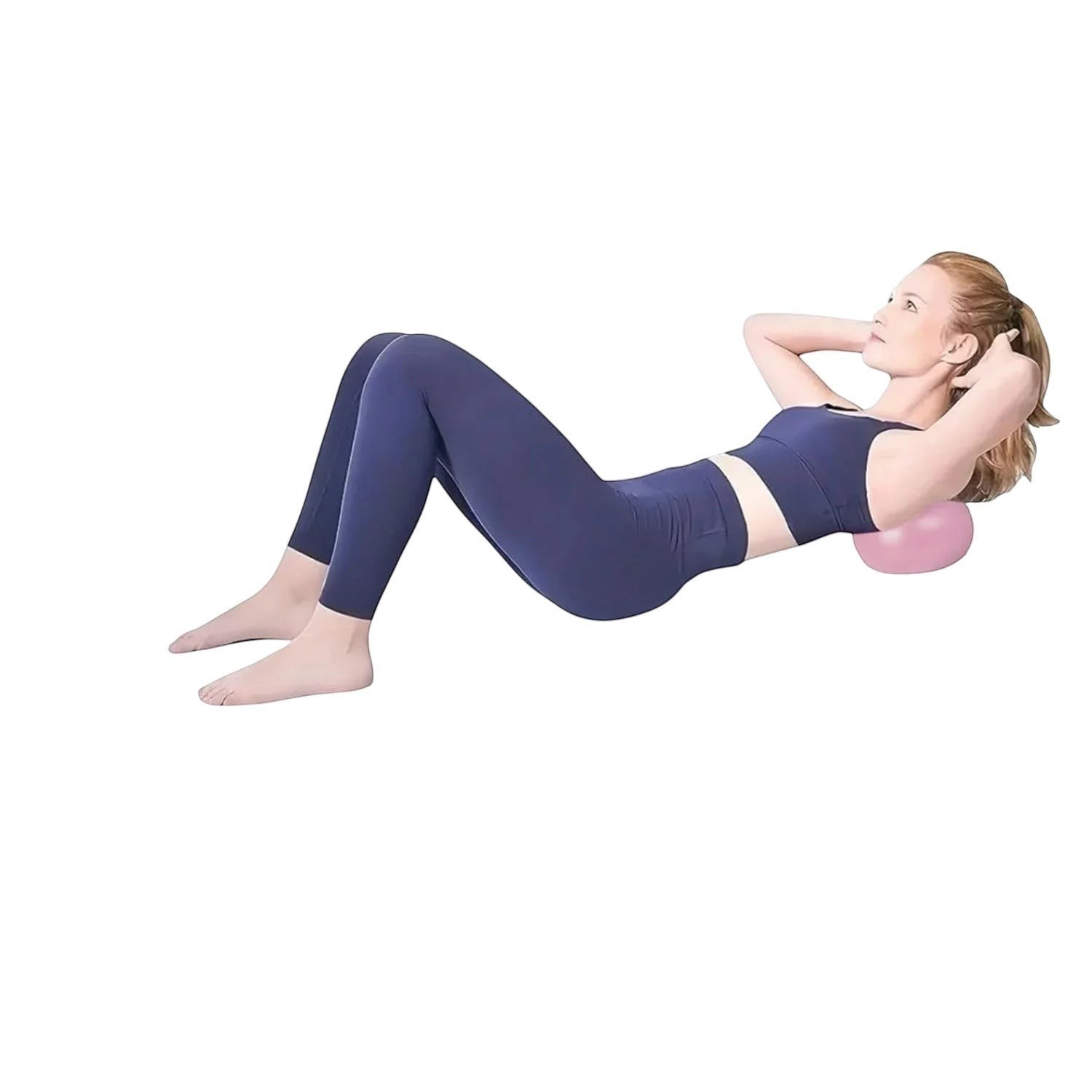 Essential Selects 9.8 inch pink yoga ball for Pilates and core workouts, showing inflation steps and usage.
