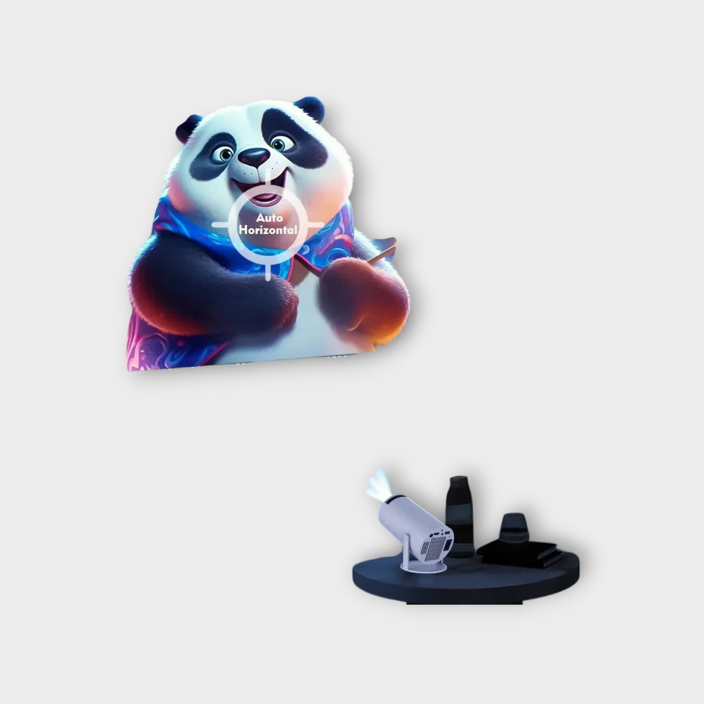 Essential Selects portable 4K WiFi mini projector displaying a cartoon panda image with auto horizontal keystone feature