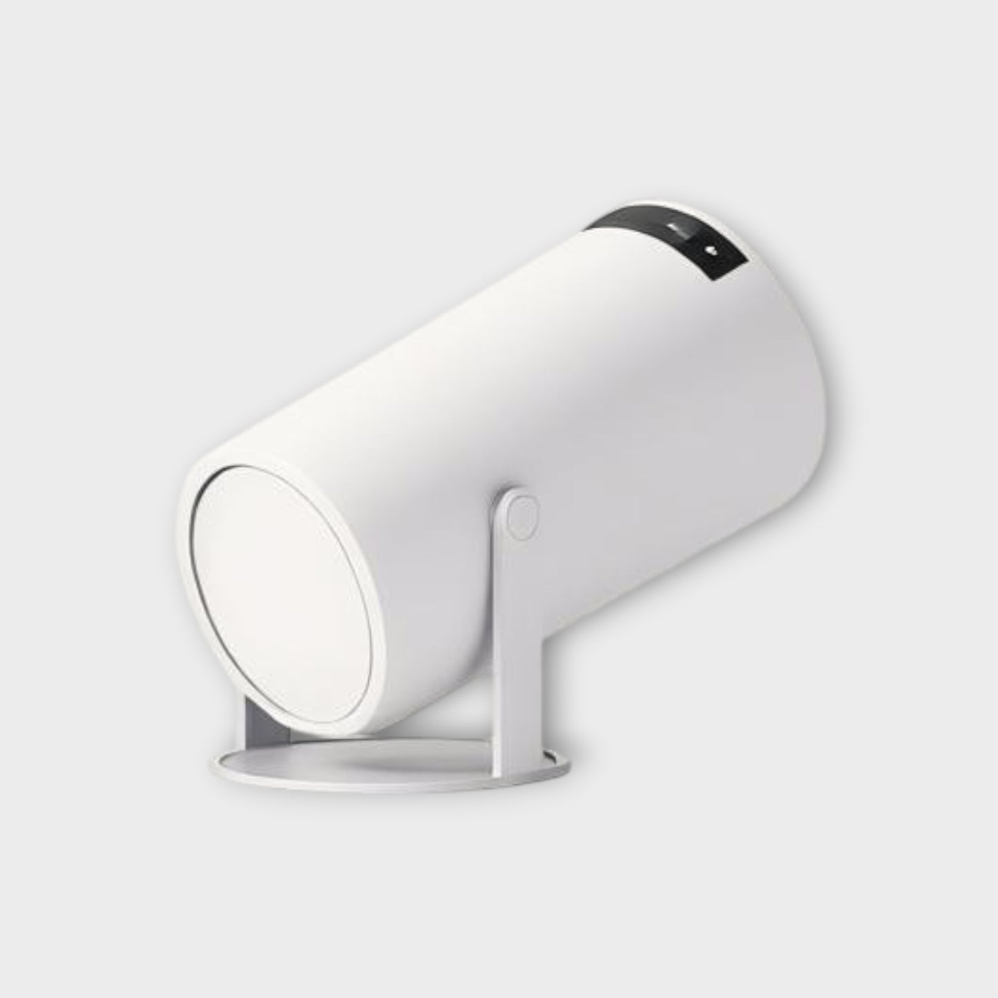 Essential Selects portable 4K WiFi mini projector in white with a cylindrical design and adjustable stand