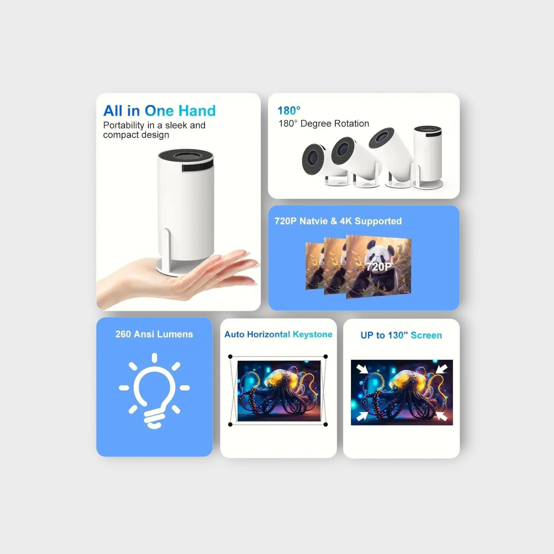 Essential Selects portable 4K WiFi mini projector with 180-degree rotation, auto keystone, and compact white design.